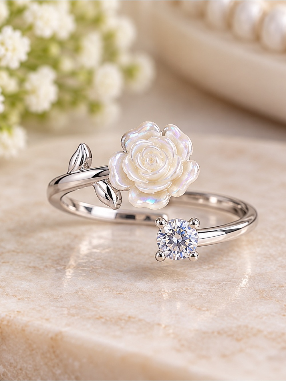 New Silver Floral & Rhinestone Adjustable Ring Set – Statement Rings